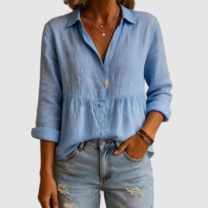 Camille - Women's Long Sleeve Cotton V-Neck Blouse