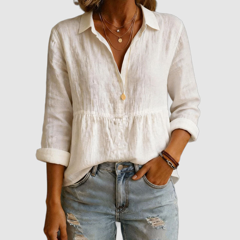Camille - Women's Long Sleeve Cotton V-Neck Blouse