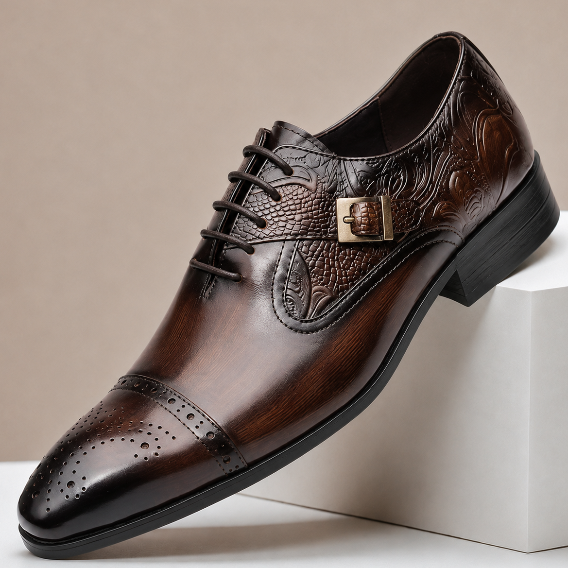Carlo - Men's Cap-Toe Leather Oxfords with Buckle Accent