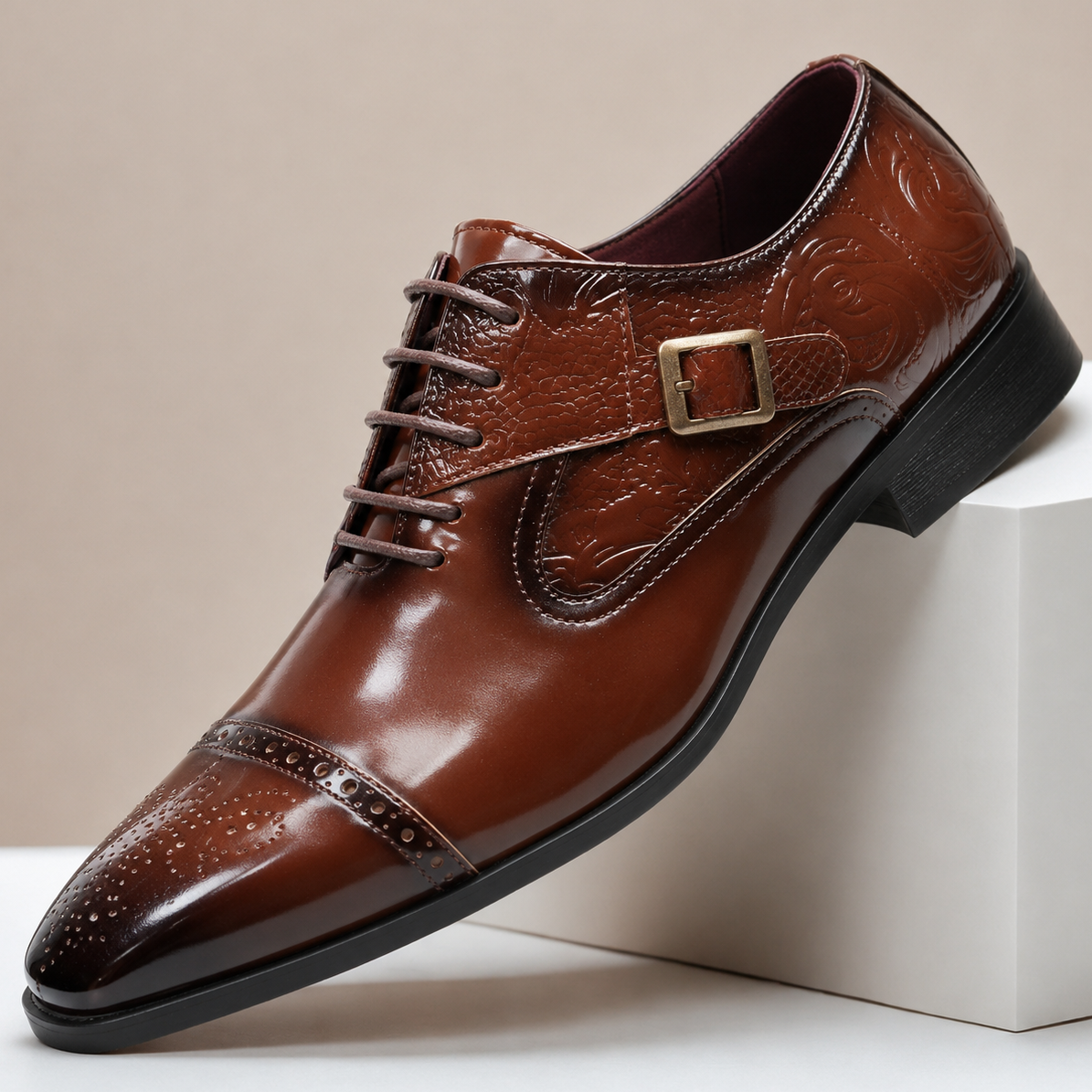 Carlo - Men's Cap-Toe Leather Oxfords with Buckle Accent