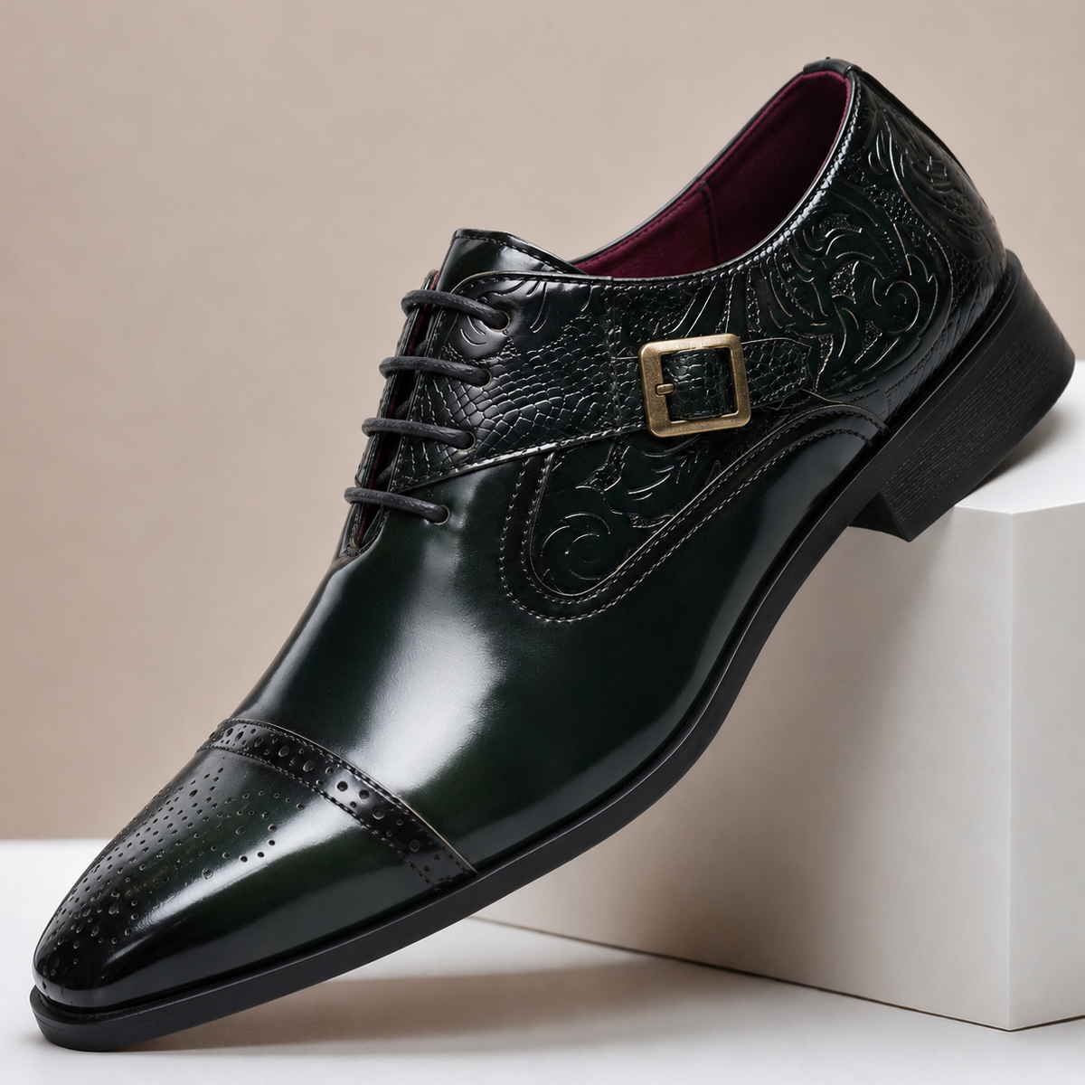 Carlo - Men's Cap-Toe Leather Oxfords with Buckle Accent