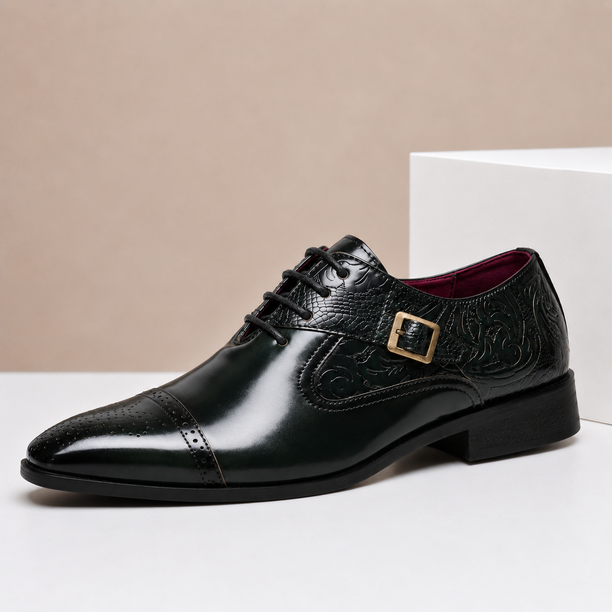 Carlo - Men's Cap-Toe Leather Oxfords with Buckle Accent