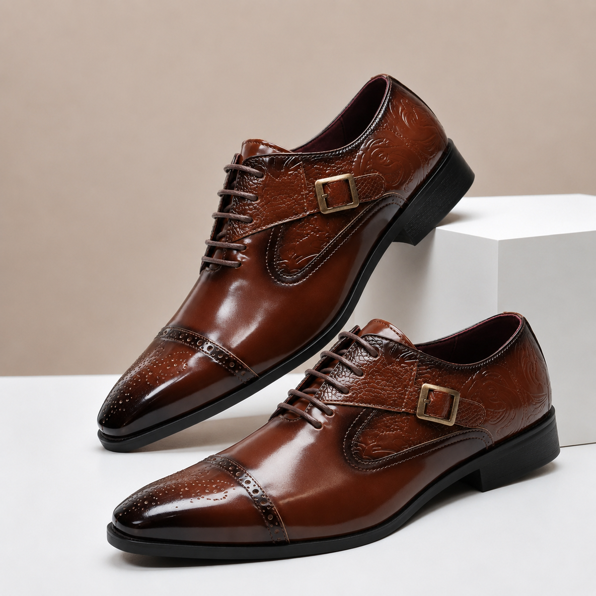 Carlo - Men's Cap-Toe Leather Oxfords with Buckle Accent