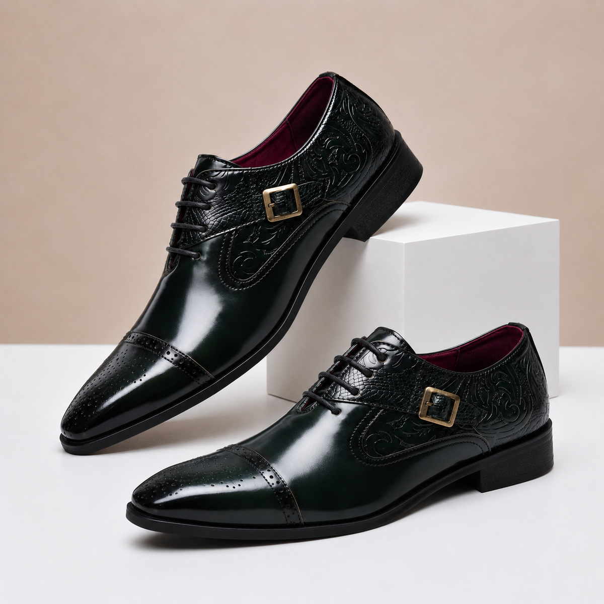 Carlo - Men's Cap-Toe Leather Oxfords with Buckle Accent