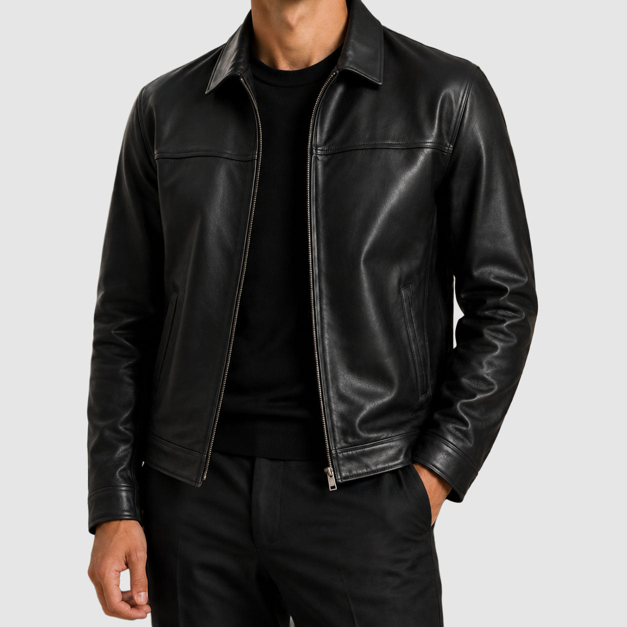 Carlos - Men's Zip-Front Leather Jacket with Pointed Collar