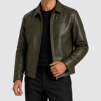 Carlos - Men's Zip-Front Leather Jacket with Pointed Collar