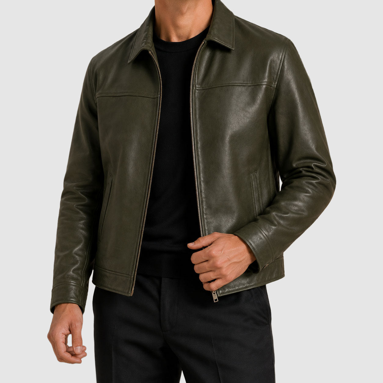 Carlos - Men's Zip-Front Leather Jacket with Pointed Collar