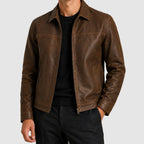 Carlos - Men's Zip-Front Leather Jacket with Pointed Collar