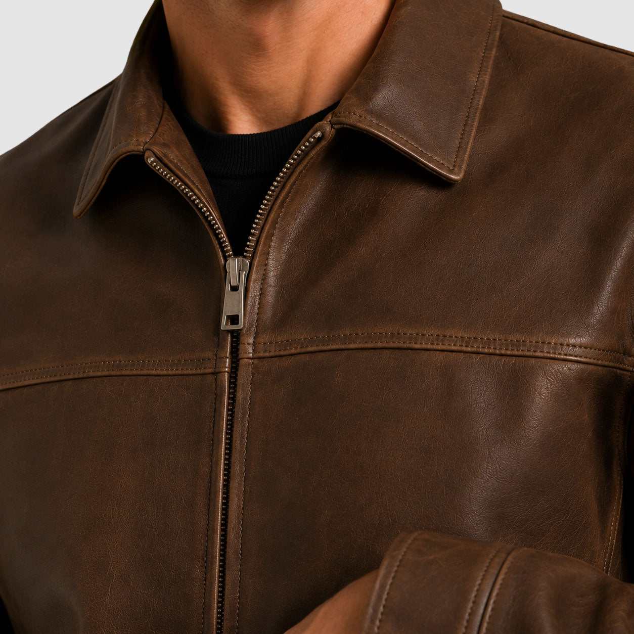 Carlos - Men's Zip-Front Leather Jacket with Pointed Collar