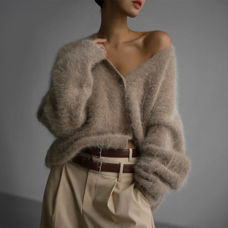 Carol - Women's Fuzzy V-Neck Oversized Cardigan