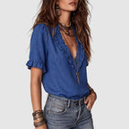 Caroline - Women's Boho Ruffle Trim Linen Blend Shirt