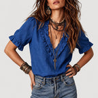 Caroline - Women's Boho Ruffle Trim Linen Blend Shirt