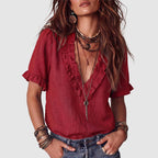 Caroline - Women's Boho Ruffle Trim Linen Blend Shirt