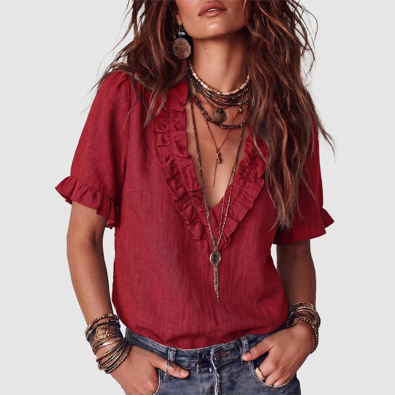Caroline - Women's Boho Ruffle Trim Linen Blend Shirt