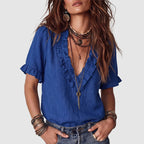 Caroline - Women's Boho Ruffle Trim Linen Blend Shirt