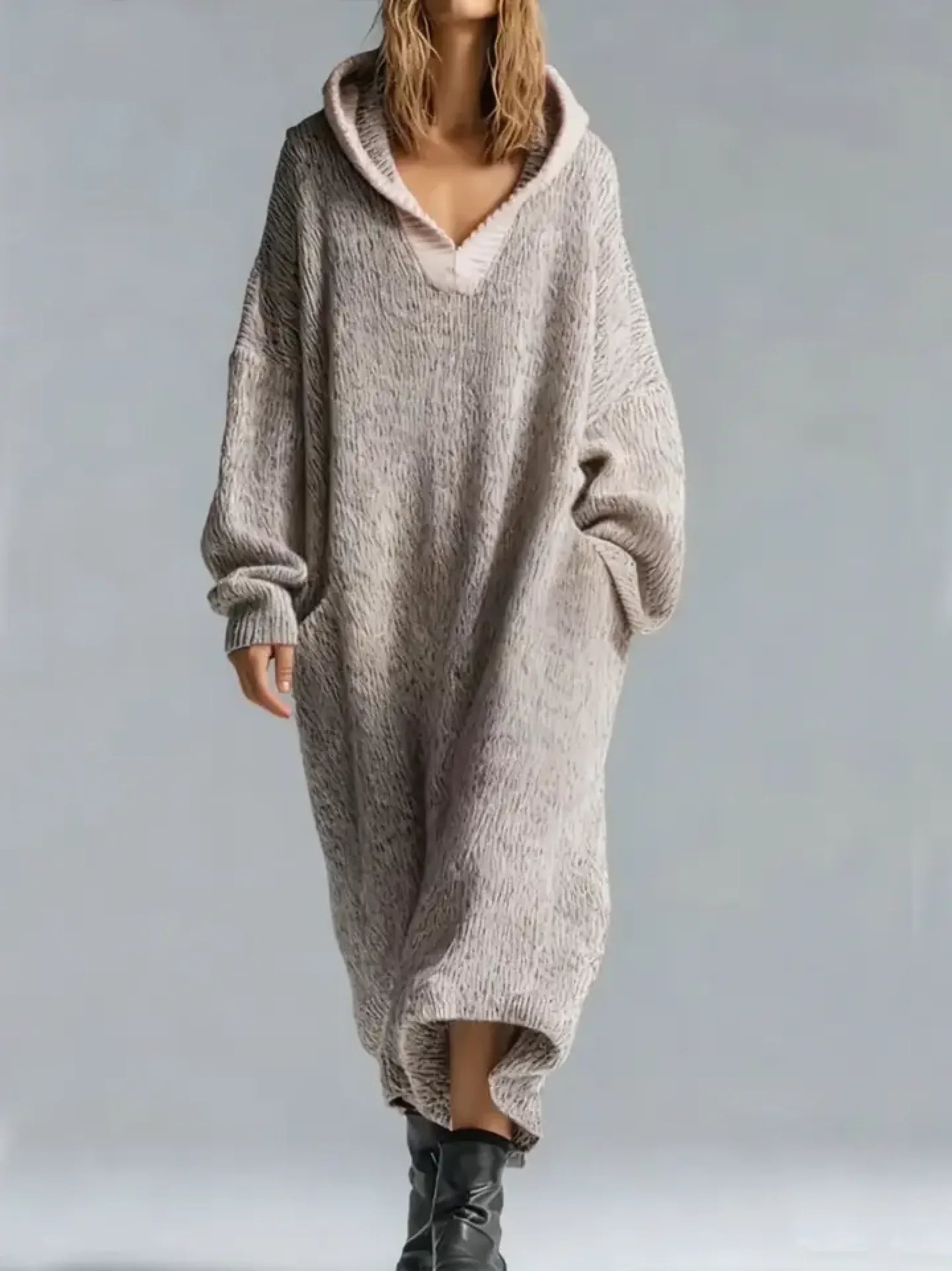 Cassandra - Women's Oversized Textured Hooded Maxi Sweater Dress