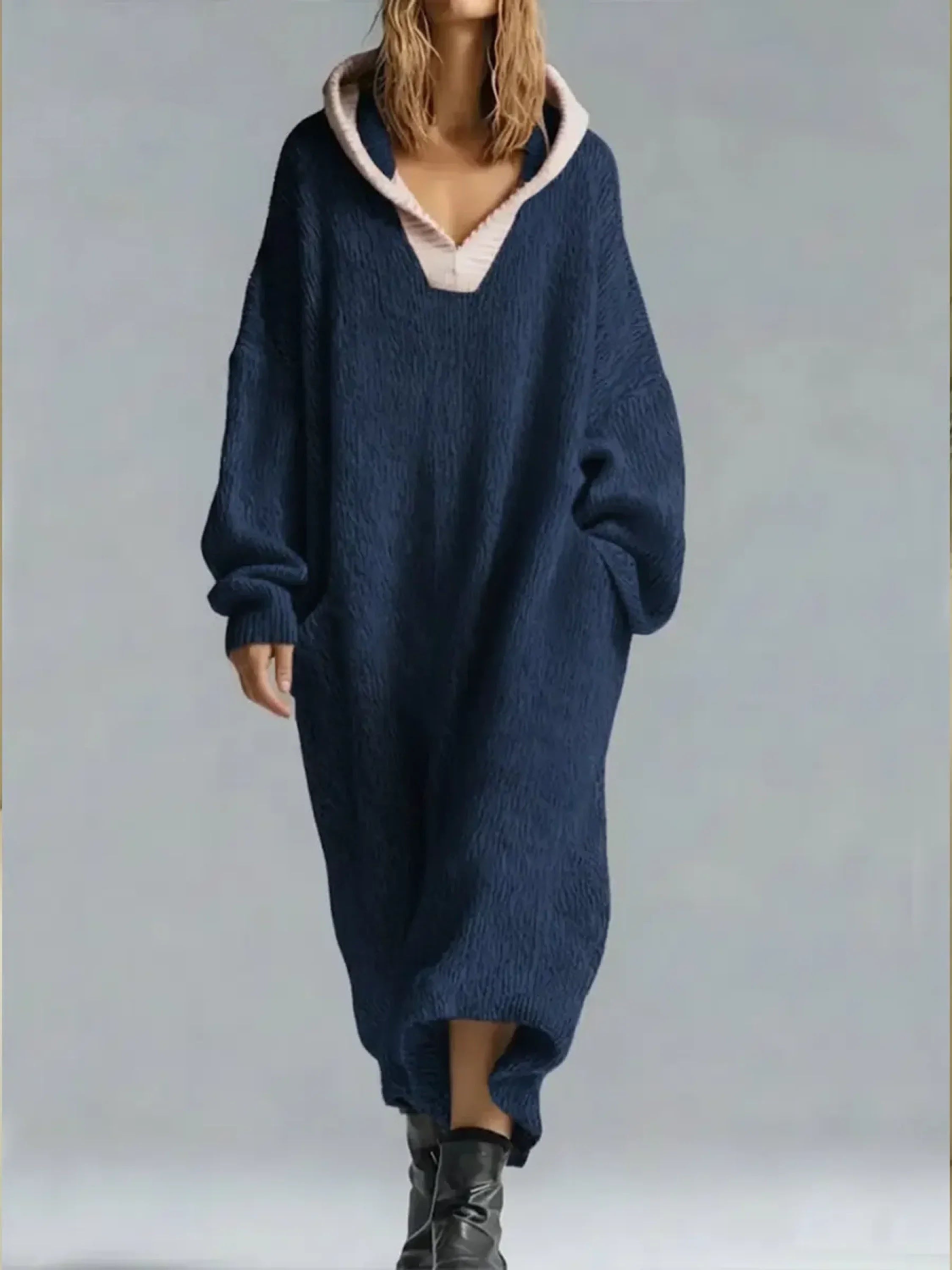 Cassandra - Women's Oversized Textured Hooded Maxi Sweater Dress