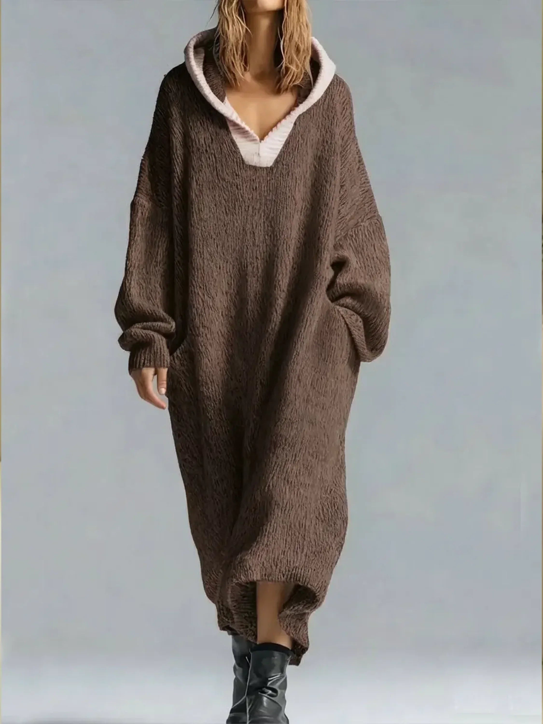 Cassandra - Women's Oversized Textured Hooded Maxi Sweater Dress