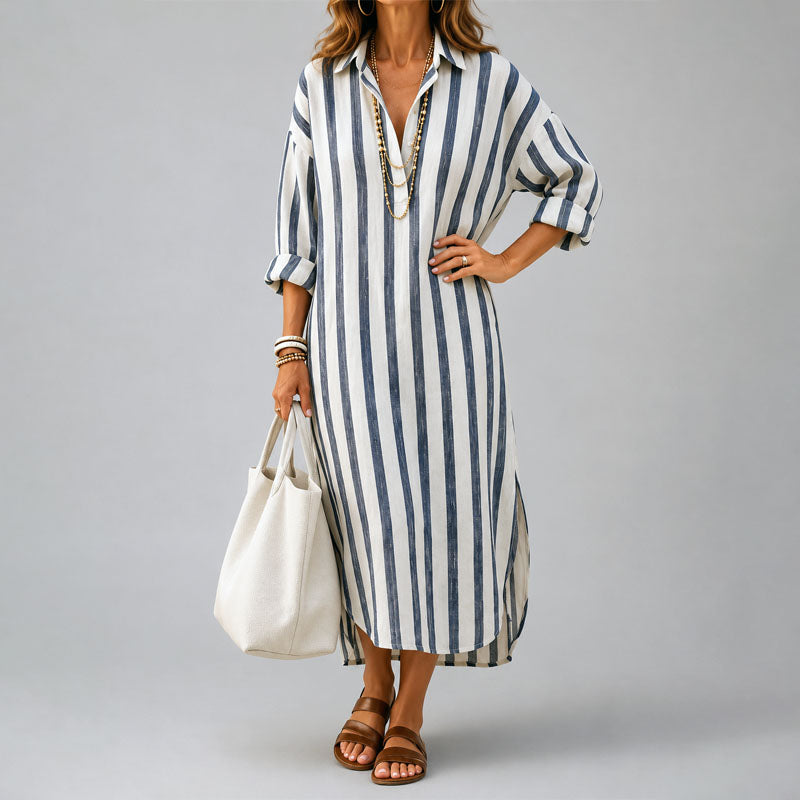 Cecelia - Women's Striped Collared Midi Shirt Dress
