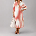Cecelia - Women's Striped Collared Midi Shirt Dress