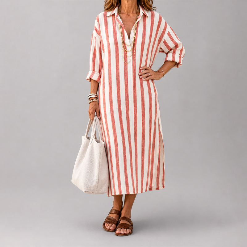 Cecelia - Women's Striped Collared Midi Shirt Dress