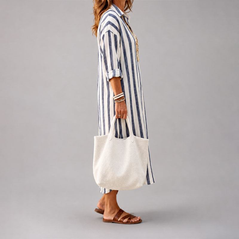 Cecelia - Women's Striped Collared Midi Shirt Dress