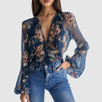 Celeste - Women’s Sheer Floral V-Neck Blouse