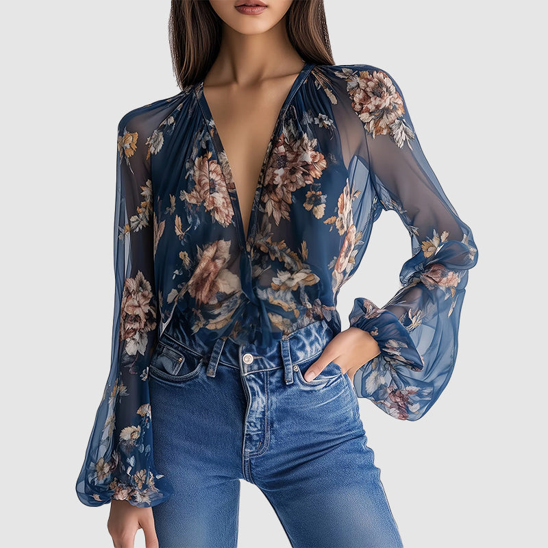 Celeste - Women’s Sheer Floral V-Neck Blouse