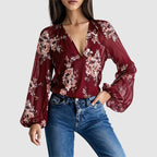 Celeste - Women’s Sheer Floral V-Neck Blouse