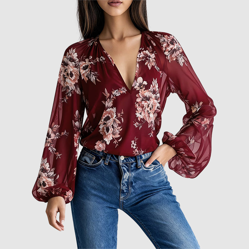 Celeste - Women’s Sheer Floral V-Neck Blouse