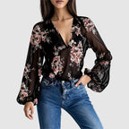 Celeste - Women’s Sheer Floral V-Neck Blouse