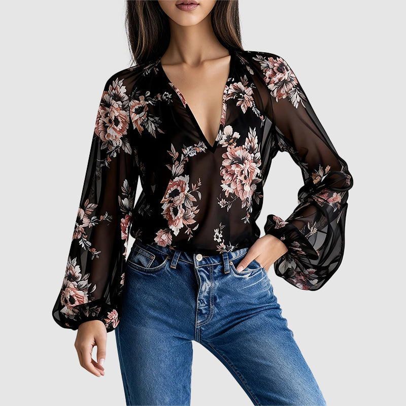 Celeste - Women’s Sheer Floral V-Neck Blouse