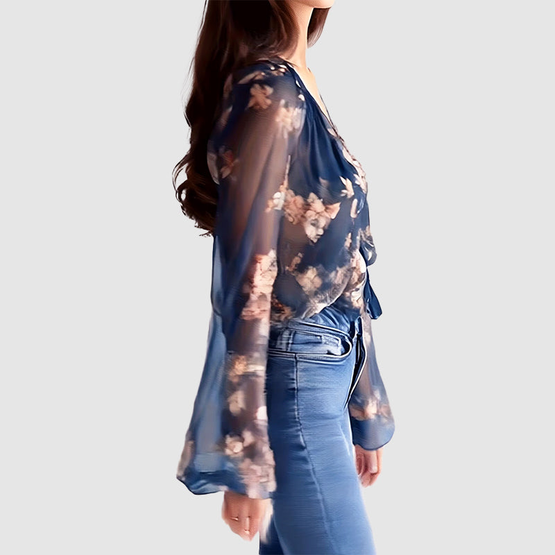 Celeste - Women’s Sheer Floral V-Neck Blouse