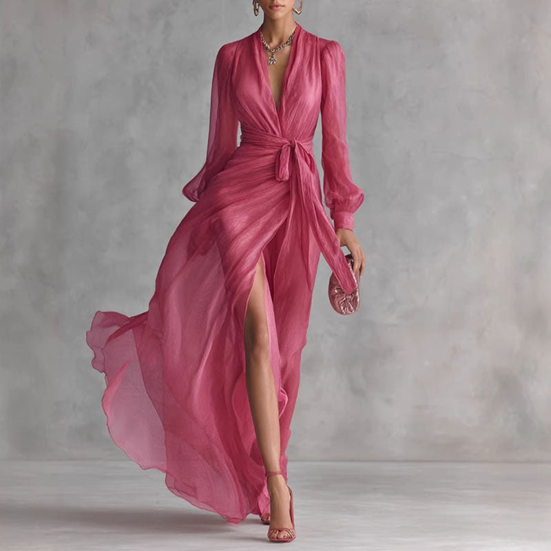 Cheryl - Women’s Deep V-Neck Wrap Tie Maxi Dress