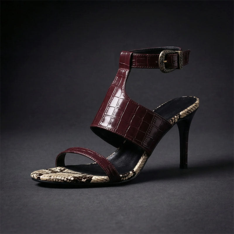 Chloe -  Women's Croc-Embossed Ankle Strap Stiletto Sandals