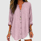 Chloe - Women's Pinstripe Curved Hem Button-Up Blouse