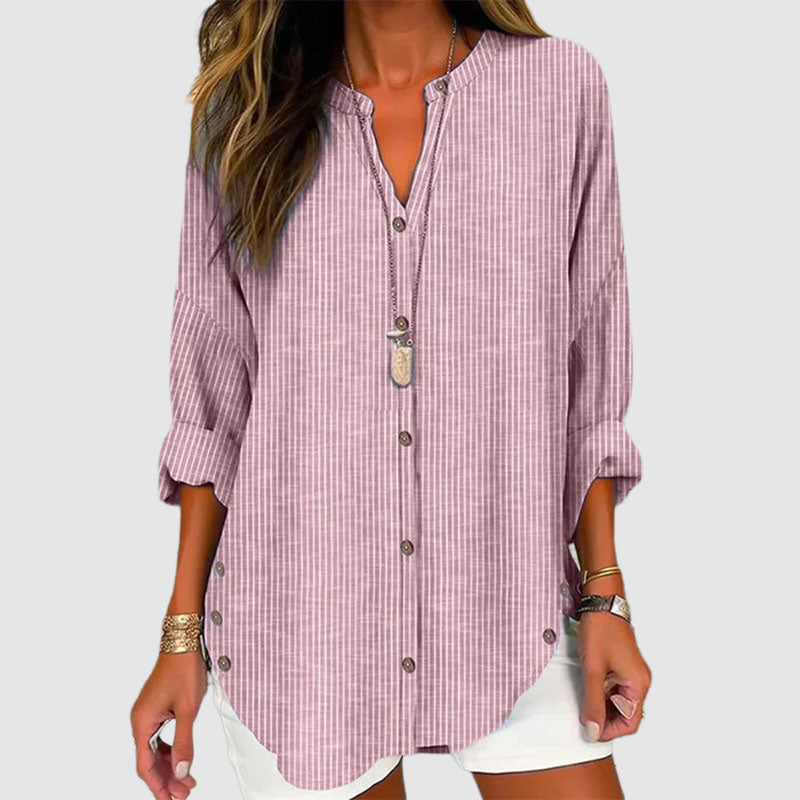 Chloe - Women's Pinstripe Curved Hem Button-Up Blouse