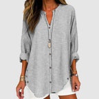 Chloe - Women's Pinstripe Curved Hem Button-Up Blouse
