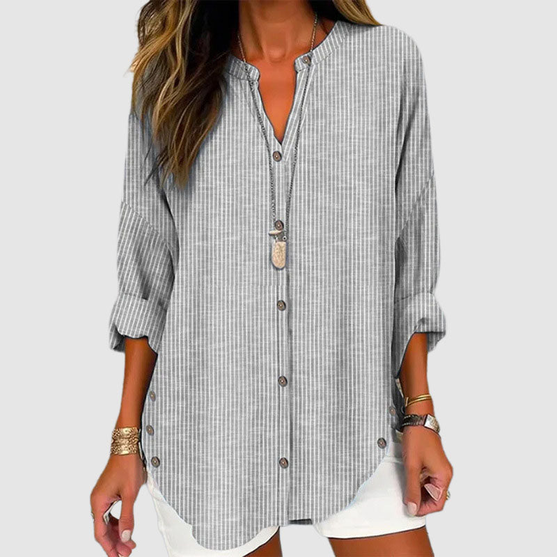 Chloe - Women's Pinstripe Curved Hem Button-Up Blouse