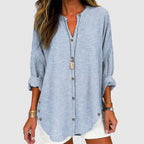 Chloe - Women's Pinstripe Curved Hem Button-Up Blouse