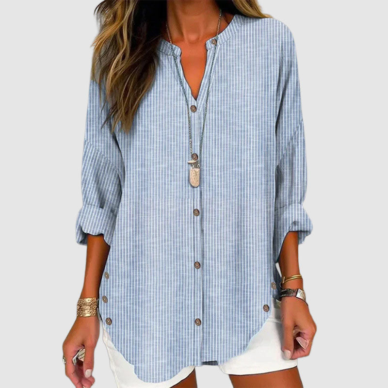 Chloe - Women's Pinstripe Curved Hem Button-Up Blouse
