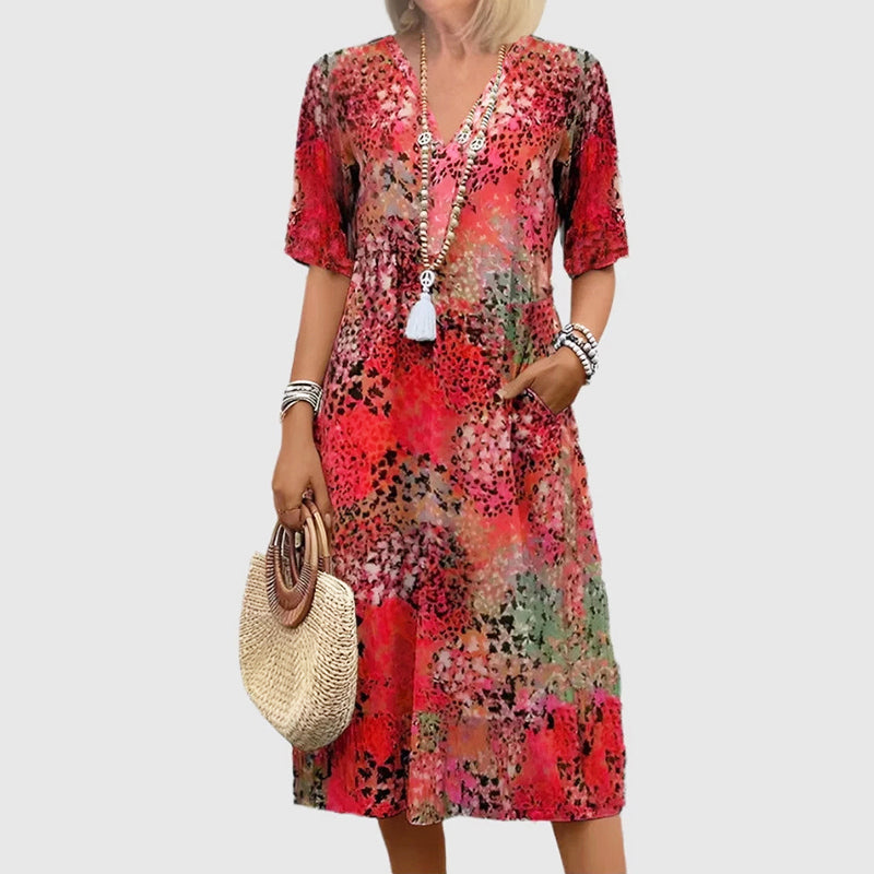 Chloe - Women's Short Sleeve Patterned Midi Dress