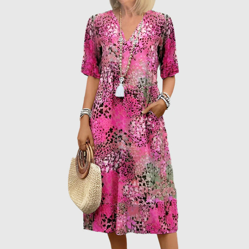 Chloe - Women's Short Sleeve Patterned Midi Dress