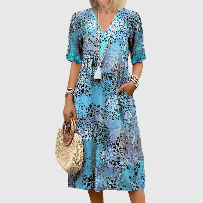 Chloe - Women's Short Sleeve Patterned Midi Dress