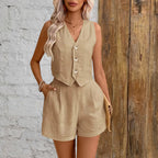 Chloe - Women's Sleeveless Button Vest and Shorts Linen Set