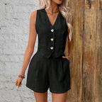 Chloe - Women's Sleeveless Button Vest and Shorts Linen Set