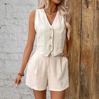 Chloe - Women's Sleeveless Button Vest and Shorts Linen Set