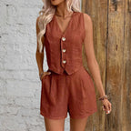 Chloe - Women's Sleeveless Button Vest and Shorts Linen Set