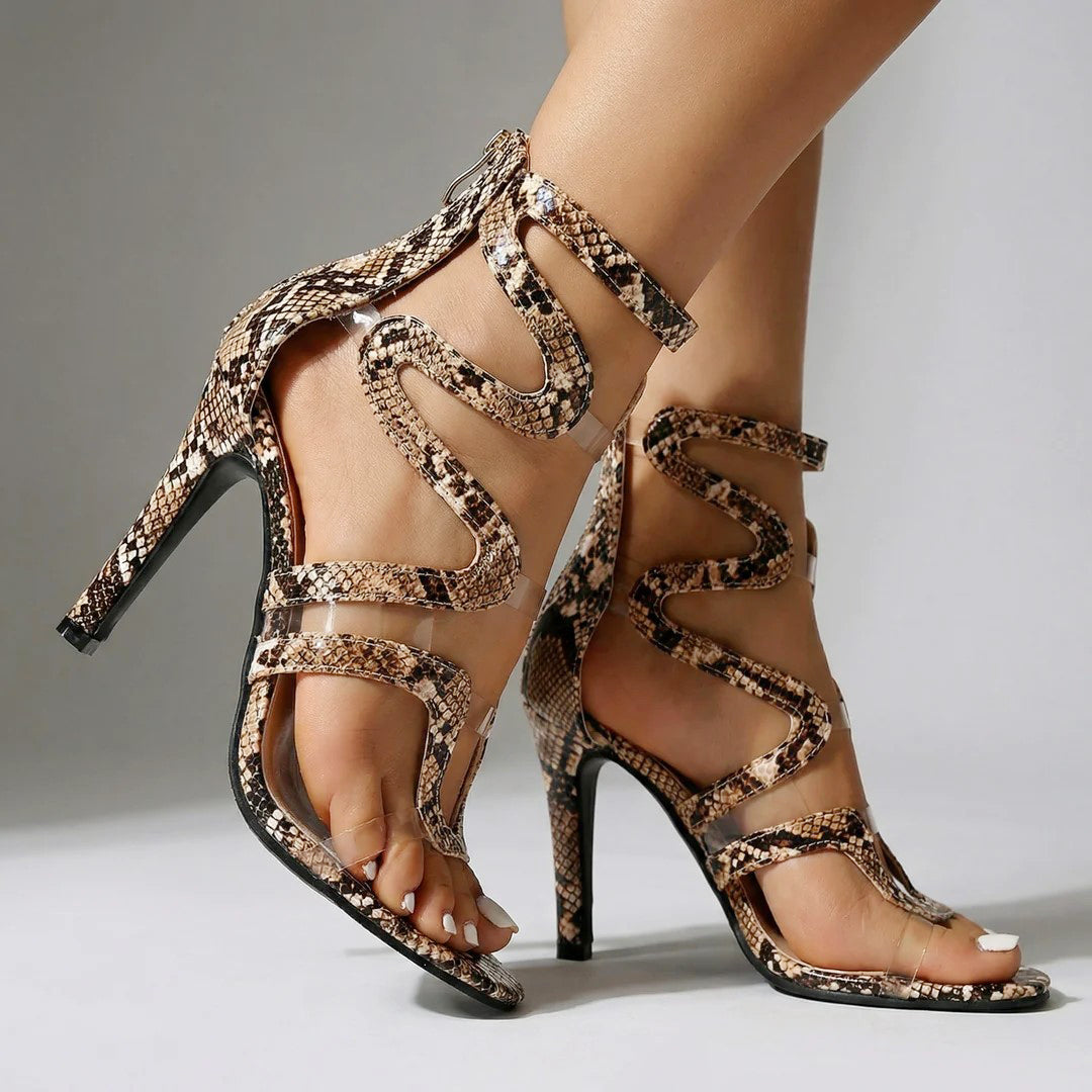 Chloe - Women's Strappy Snake Print Open Toe Heels