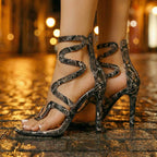 Chloe - Women's Strappy Snake Print Open Toe Heels